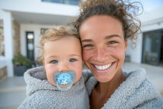 A loving mother's arms envelop her child with Down Syndrome, who lovingly returns her gaze with equal affection