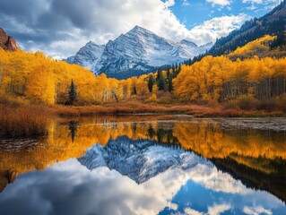 Obraz premium Stunning autumn landscape with golden aspen trees reflected in a calm mountain lake, snow capped mountains in background.