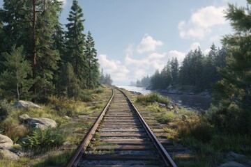 A Rustic Train Track winds Through a Lush Evergreen Forest, Beside a Tranquil River on a Sunny Day, Creating a Serene and Picturesque Landscape: a digital illustration of nature's beauty.