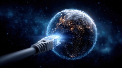 Concept of global internet connection, 3D render of Ethernet cable plugging into Earth
