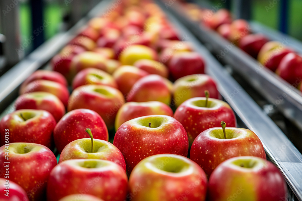 Poster ripe apples moving on conveyor belt in processing facility generative ai