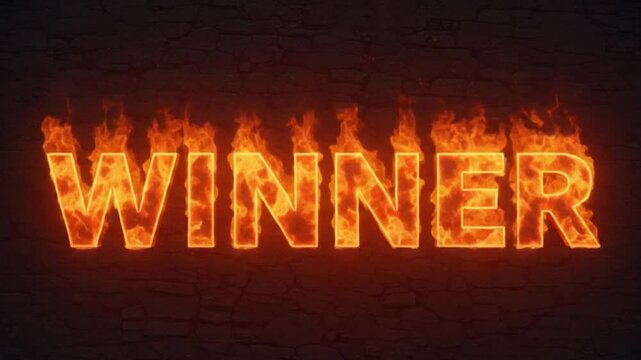 The word "WINNER" written in bold, 3D uppercase letters made entirely of realistic, glowing fire. Each letter is engulfed in bright orange and red flames that flicker and rise dynamically from the top