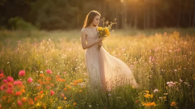A girl in a flowing dress held flowers while standing peacefully in the quiet morning field.