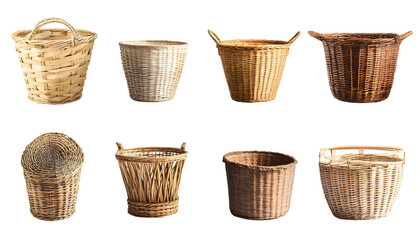 Many different wicker baskets on white background