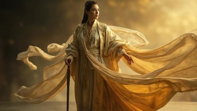 A girl in a golden royal gown walks gracefully through the grand hall, shining like sunlight.
