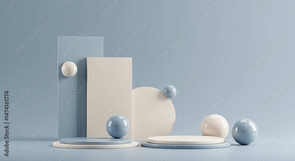 Poster a blue and white display of three cubes and three spheres