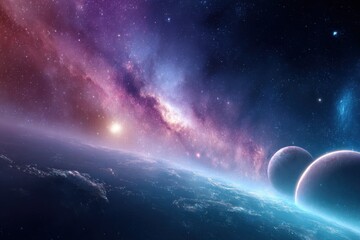 Obraz premium Dramatic view of a cosmic nebula over an alien planet with two moons in a vast starry sky from low angle