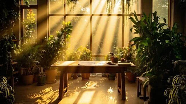 Sunlight streams into the garden room, illuminating green plants and cozy furniture in peaceful harmony.
