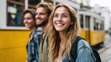 Obraz premium Group of diverse young travelers with backpacks waiting for a yellow tram in a European city