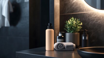 A modern bathroom with a minimalist design, featuring a dark countertop, a sleek sink, and various toiletries neatly arranged.