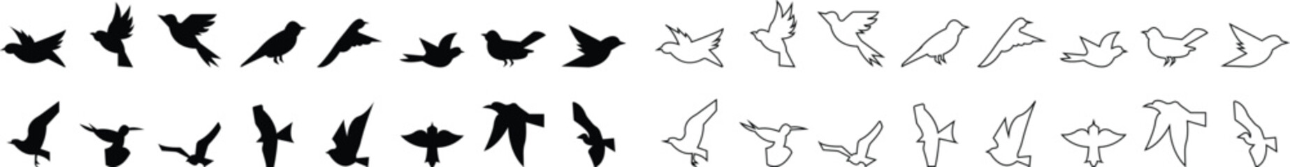 silhouette of flying birds with wide open wings vector art template designs icon set, Ink grunge birds afar brush hand drawn markers and crayons icons isolated on transparent background for mobile app