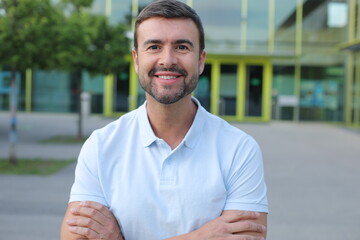 Closeup of young interesting businessman with copy space