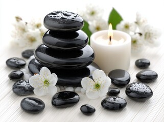 Vibrant flowers on therapy stones isolated on a white background symbolize health and relaxation