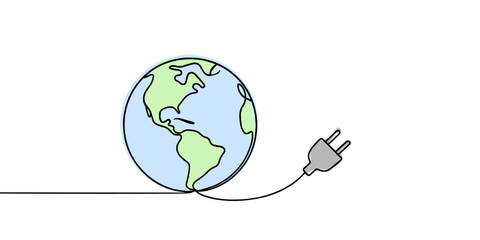 Earth with electric plug in continuous one line drawing. Eco-friendly energy concept representing worldwide green technology.