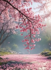 Fototapeta premium Floating pink sakura petals against blurred spring landscape, soft light , texture, dreamy