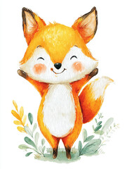 Obraz premium Playful fox holding a beautiful flower in its mouth with a cheerful expression in a charming watercolor style