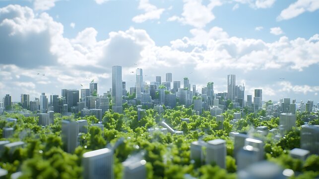 Sustainable city skyline with lush greenery.