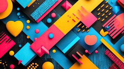 Colorful geometric shapes arranged in an abstract pattern with a black textured background design
