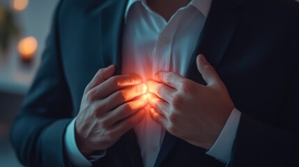 A person experiencing chest pain, possibly a heart attack, with a blurred background suggesting an indoor setting.