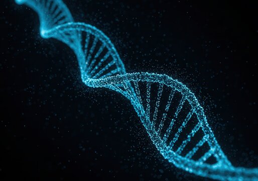 Glowing dna double helix structure with blue light on a dark background in a digital rendering
