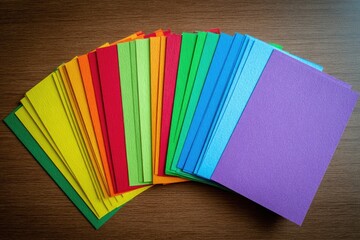 Colorful paper sheets arranged in a fan shape on a wooden surface