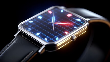 Futuristic Digital Watch Displaying Time with Glowing Elements on a Sleek Black Band