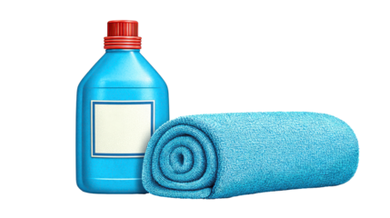 Bottle of clean drinking water next to a soft towel representing refreshment and relaxation after laundry day