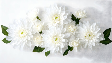 Elegant arrangement of large and small white flowers with green leaves, set against a white backdrop