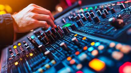 Hand Adjusting Controls on Audio Mixing Console