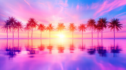 Vibrant sunset over calm water, reflecting palm trees
