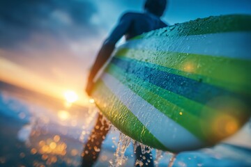 A surfboard, sunset, and the back of a person at the ocean evoke feelings of fitness, exercise, and wellness in the summer, with the addition of a wetsuit, athlete, and challenge conveying the