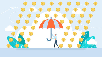 Businessman with an umbrella stands under a rain of coins. Business concept. Businessman standing with umbrella under rain dollar coins. Vector Illustration