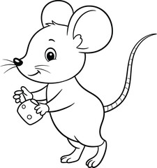 Adorable Cartoon Mouse Holding Cheese in a Playful Black and White Illustration