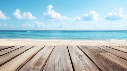 Fototapeta premium Wooden Table on Sunny Coastal Deck, Perfect for Product Display, with Beach View and Vibrant Summer Setting