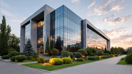 Modern office building with glass windows and concrete facade, corporate headquarters