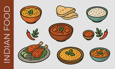 set of hand drawn Indian food vector illustration. butter chicken, paneer tikka masala, tika masala, nan, dressing,rice, tandoori 