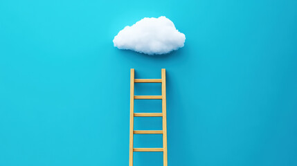 Wooden ladder reaching fluffy white cloud, blue background. Concept of dreams, goals, success, ambition. Generative AI