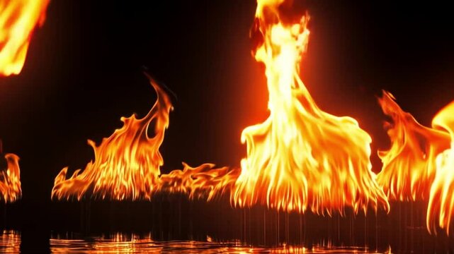 Abstract Vibrant Flames with Orange and Yellow Hues &ndash; Flickering Fire Reflections on Dark Background with Mirrored Surface, fire in the fireplace