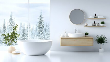 Modern minimalist bathroom with freestanding tub, wooden vanity, and snowy winter view