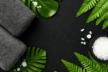 Plakat A spa setting features sea salt and cosmetic towels positioned on a black stone background, captured from a top view with available space for added text
