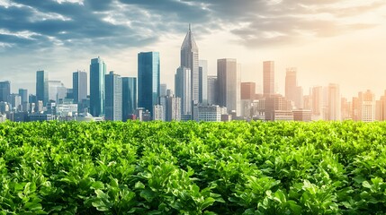 Fototapeta premium Urban landscape transitioning to a vibrant green field.