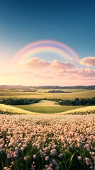 Serene landscape featuring a vibrant rainbow arching over rolling hills and a field of wildflowers at sunset