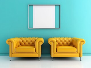 Interior design scene featuring two yellow tufted armchairs and a blank picture frame on a teal wall in a studio
