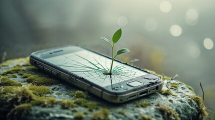 Old smartphone with a cracked screen sprouting a small green plant, symbolizing nature reclaiming technology in a natural setting