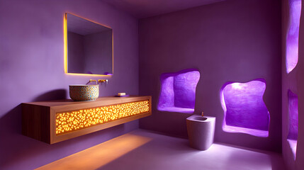 Lavish purple bathroom with patterned vanity, illuminated recesses, and modern toilet