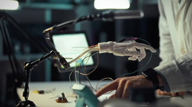 Exploring robotics with a focus on hand engineering in a modern workspace. A person is assembling a robotic hand using wires and tools at a workstation filled with electronic components