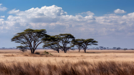 Naklejka premium Savanna landscape with acacia trees and dramatic sky providing a sense of tranquility