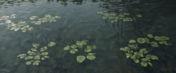 Subtle aquatic plant footprints etched in a pool's reflective surface , calm, beauty