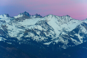 Snow-Capped Mountain Peaks Under Pink Twilight Sky in Sequoia National Park