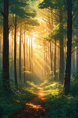 Obraz premium A quiet forest clearing with golden light scattered through leaves in anime style with a peaceful ethereal tone
